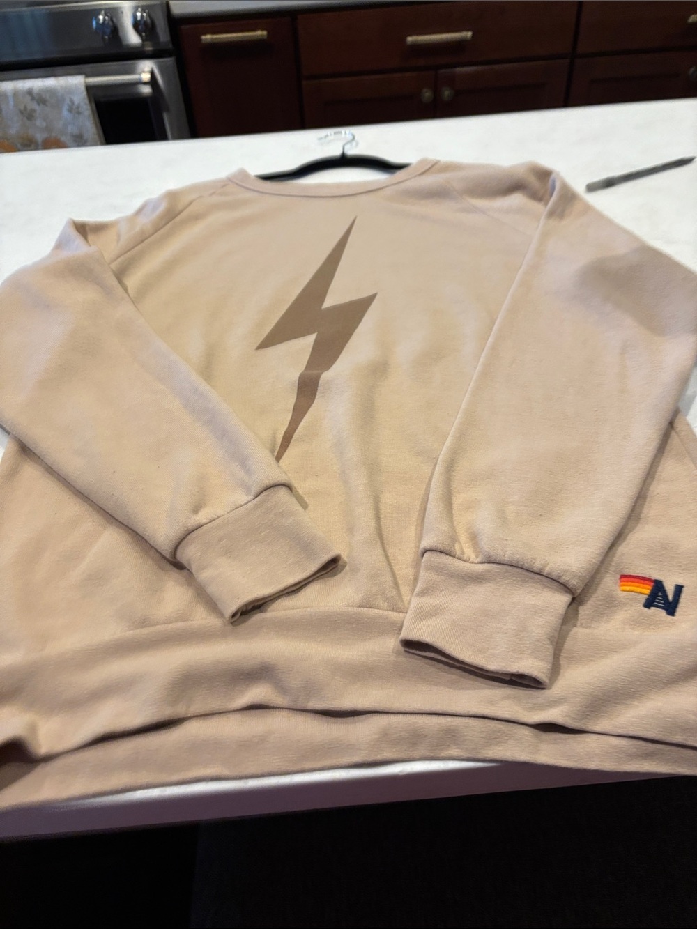 Aviator Nation Beige Crewneck with Brown Lightning Graphic